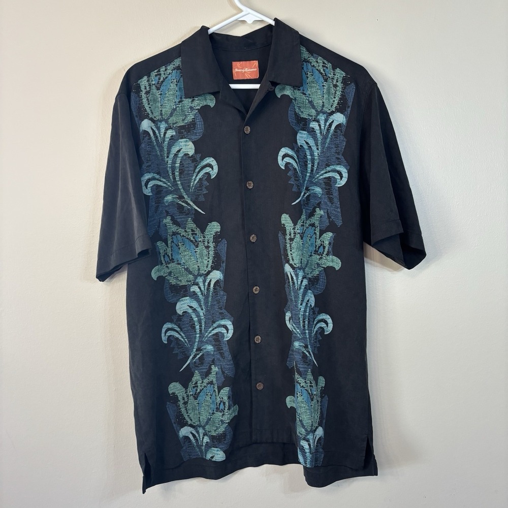 Tommy Bahama Shirt Mens Small Black Silk Hawaiian Floral Abstract Button S/S